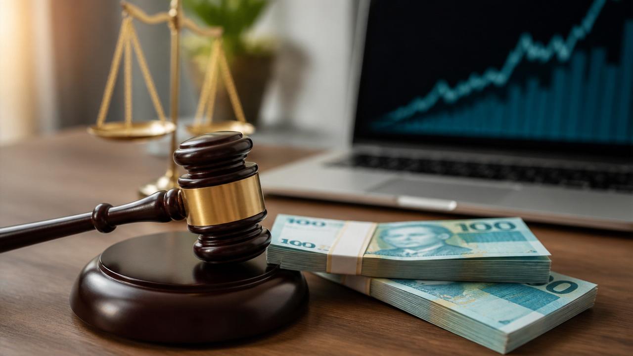 Martelo de juiz sobre mesa ao lado de notas de Real brasileiro e gráfico financeiro em notebook