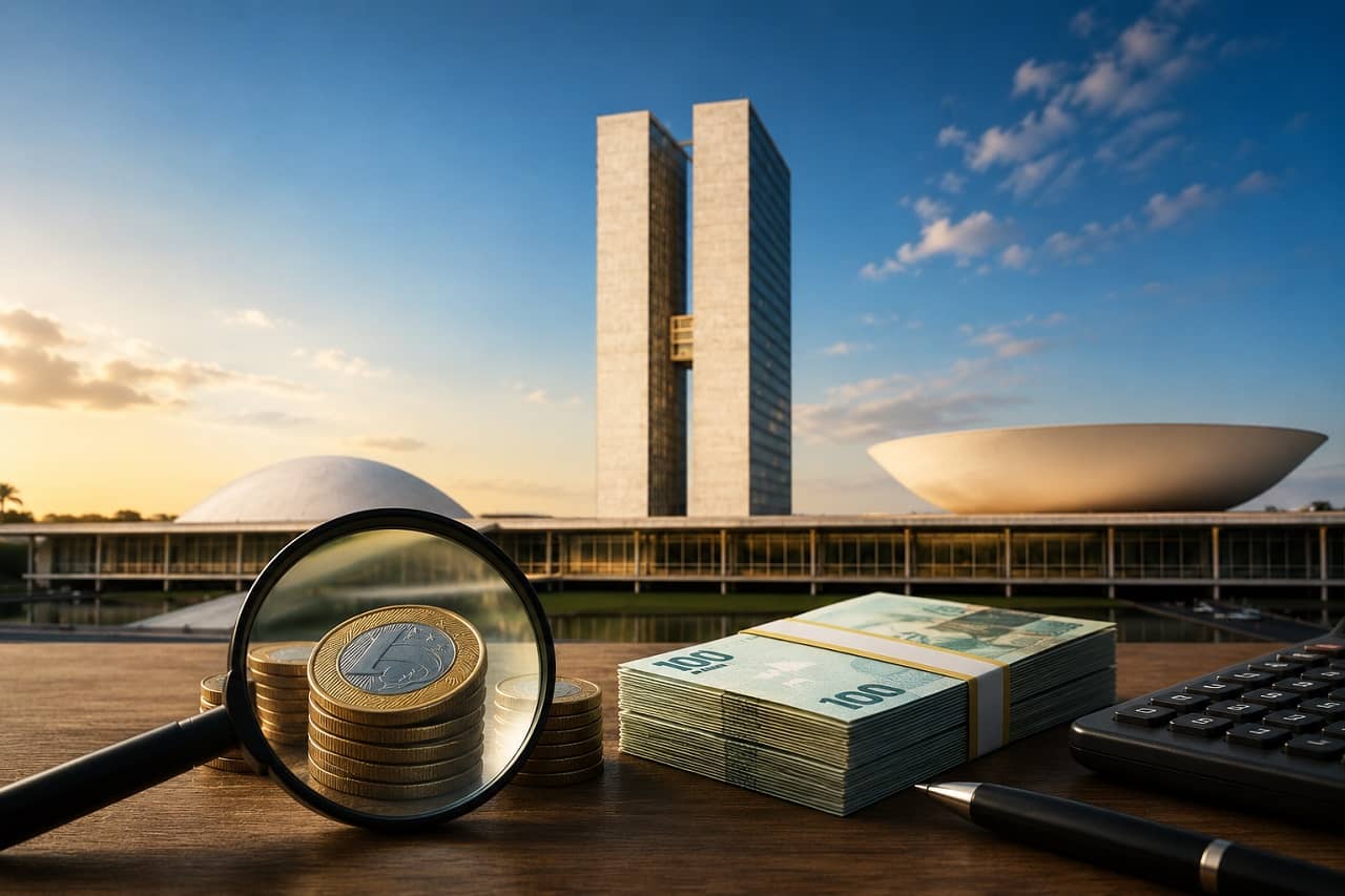 Cédulas de Real, martelo judicial e bandeira do Brasil simbolizando a fiscalização do Fundo Eleitoral 2026