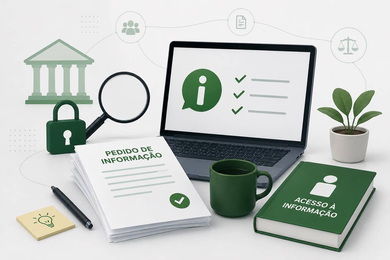 Documentos públicos, caneta, óculos e lupa sobre mesa de trabalho representando análise de dados obtidos via Lei de Acesso à Informação