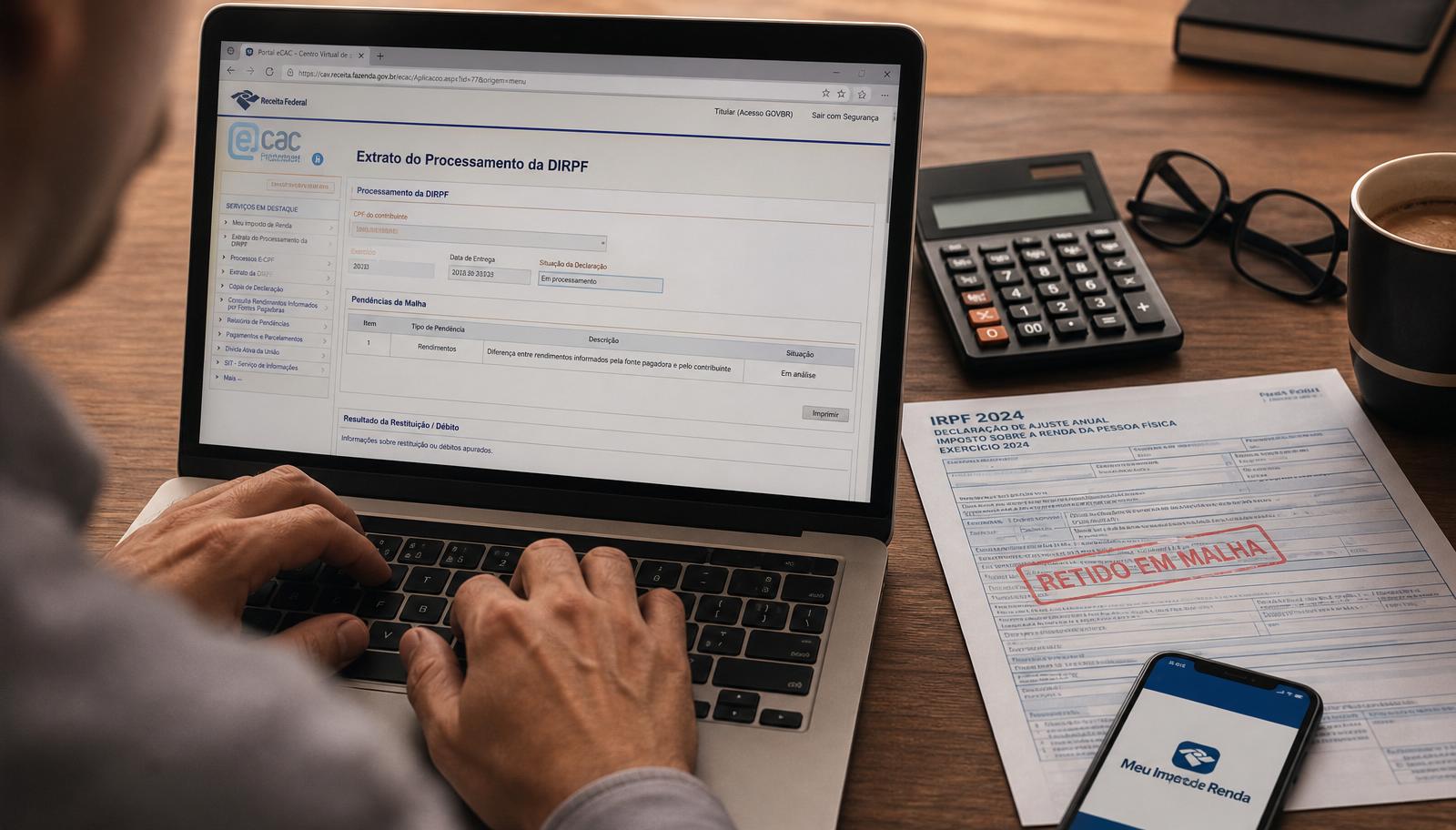 Contribuinte consultando o extrato do processamento da DIRPF no portal e-CAC da Receita Federal em notebook, ao lado de declaração impressa com carimbo Retido em Malha