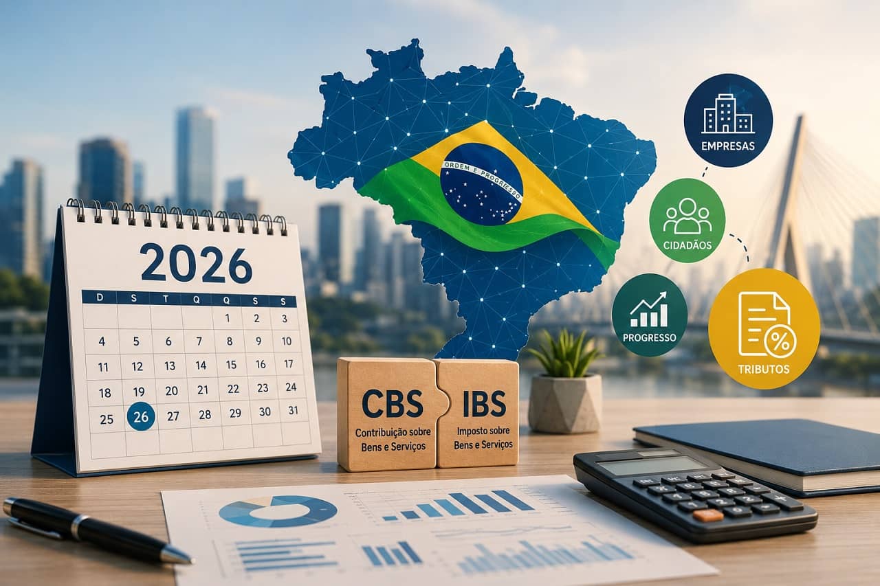 Mesa de escritório com relatórios impressos sobre reforma tributária, cédulas de 100 reais, calculadora e notebook exibindo planilha fiscal