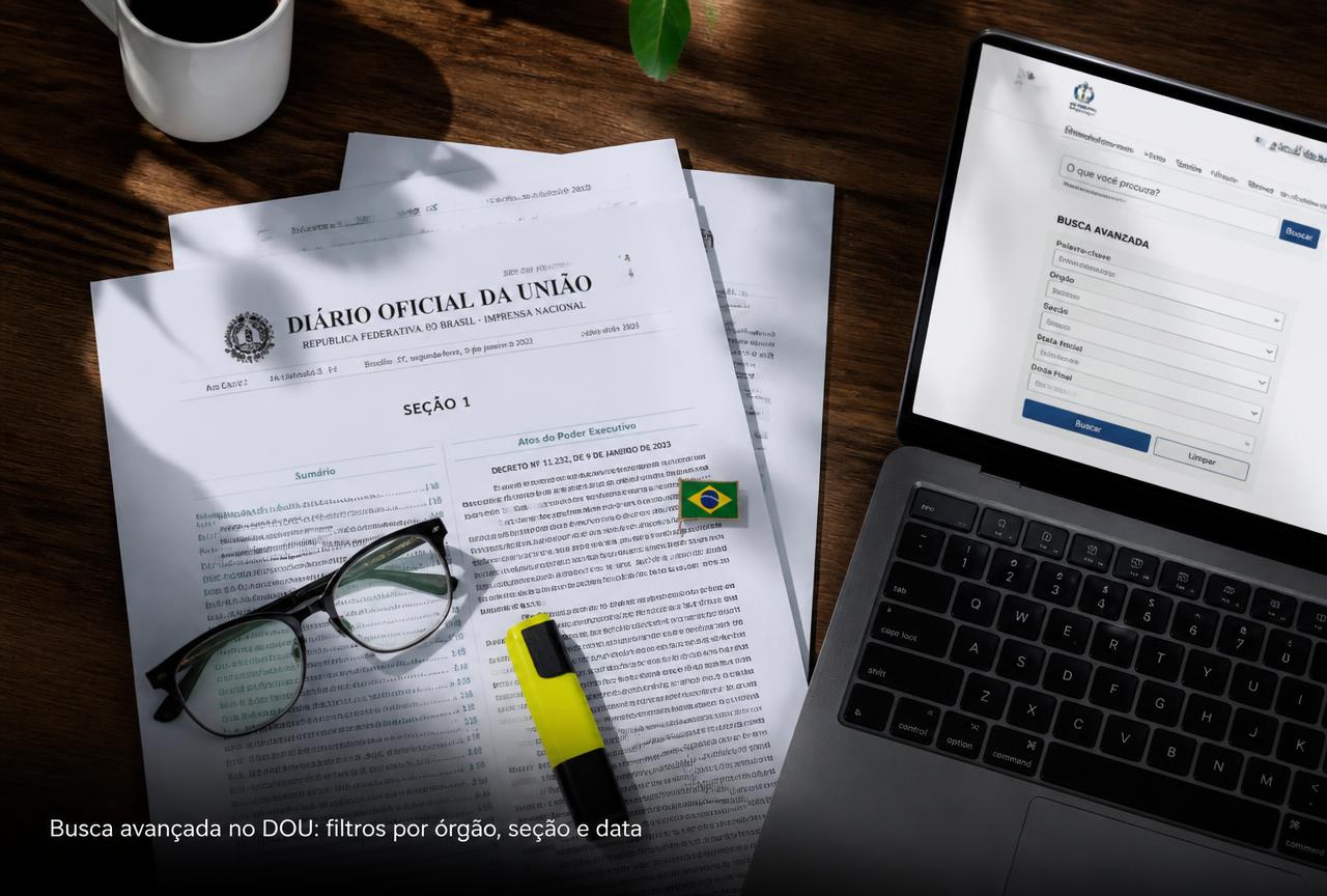 Mesa com jornal do Diário Oficial da União, óculos, marcador e tela de laptop mostrando busca avançada no DOU