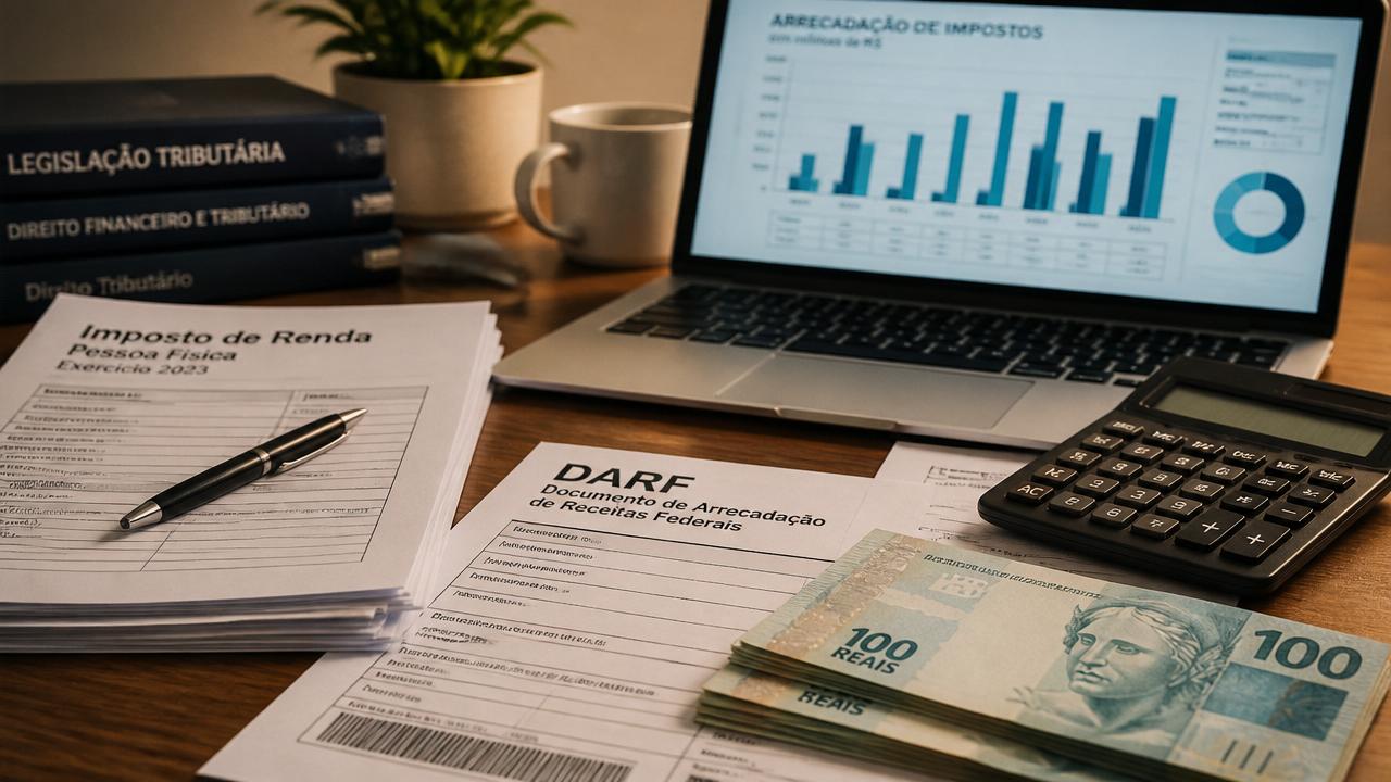 Mesa com formulários do Imposto de Renda, DARF, calculadora e notebook exibindo gráficos de arrecadação