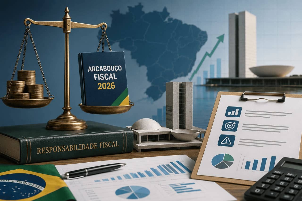 Relatório de gestão fiscal com gráficos de execução orçamentária, óculos, calculadora e cédulas de 100 reais brasileiros sobre mesa de madeira