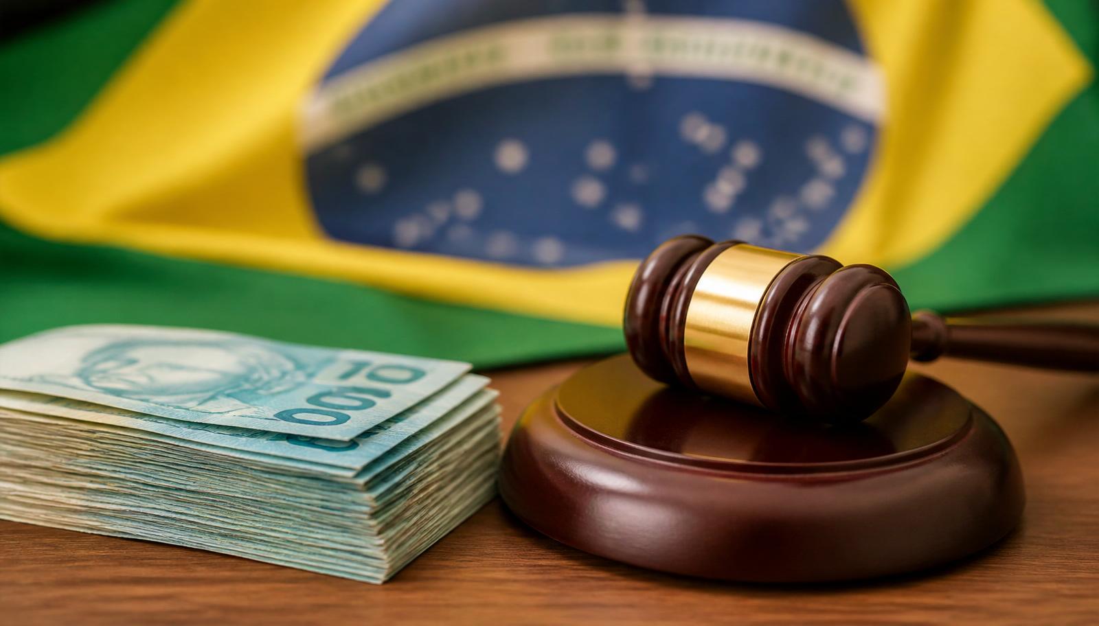 Cédulas de Real, martelo judicial e bandeira do Brasil simbolizando a fiscalização do Fundo Eleitoral 2026