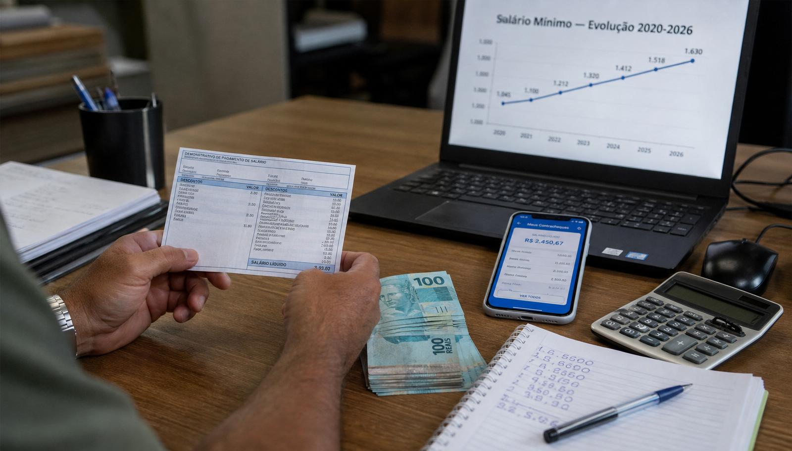 Trabalhador brasileiro conferindo holerite ao lado de notas de real, calculadora e gráfico de evolução do salário mínimo