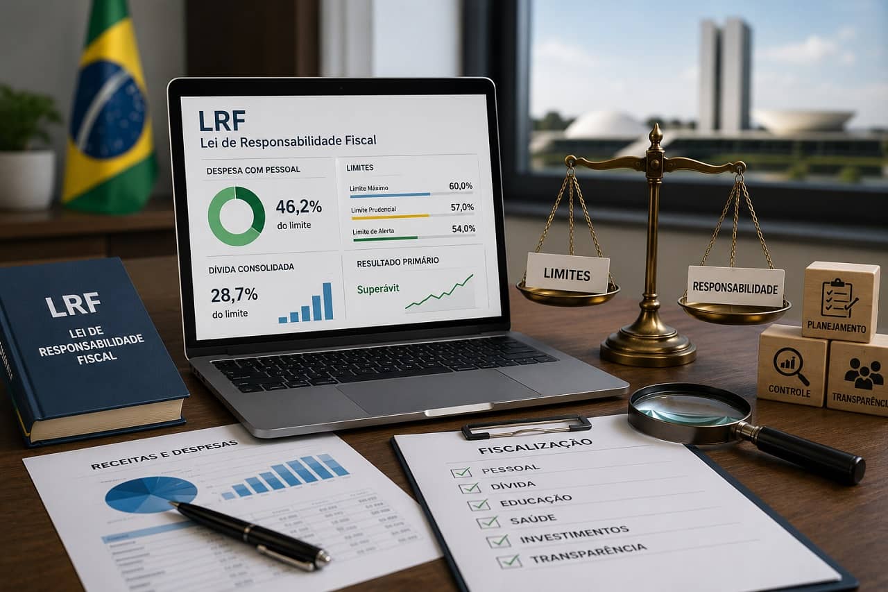 Calculadora, relatórios financeiros e cédulas de real sobre mesa de escritório público representando gestão fiscal responsável