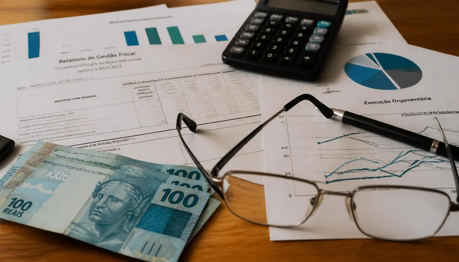 Relatório de gestão fiscal com gráficos de execução orçamentária, óculos, calculadora e cédulas de 100 reais brasileiros sobre mesa de madeira