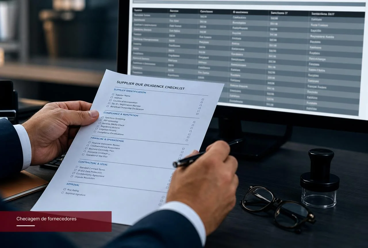 Profissional analisando checklist de due diligence de fornecedor ao lado de monitor com base de sanções