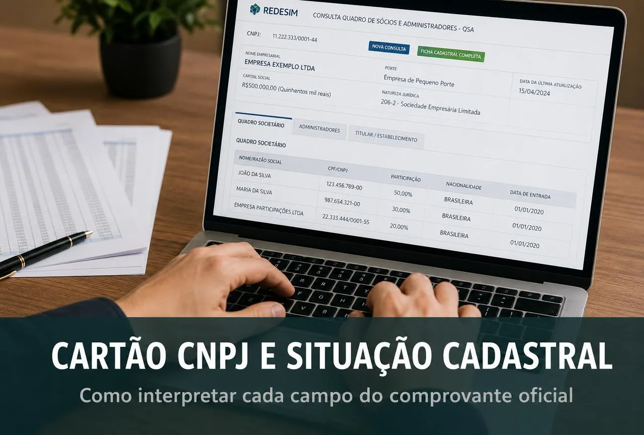 Pessoa consultando em um notebook a ficha cadastral de uma empresa, com quadro de sócios e administradores na tela e planilhas impressas sobre a mesa