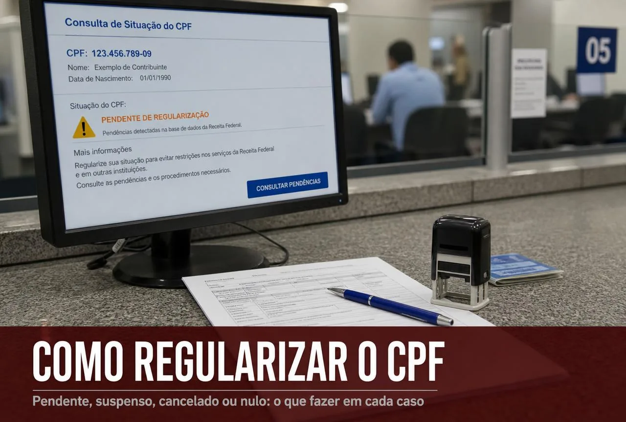 Balcão de atendimento com monitor exibindo tela de consulta de situação cadastral do CPF, formulários impressos, caneta e carimbo