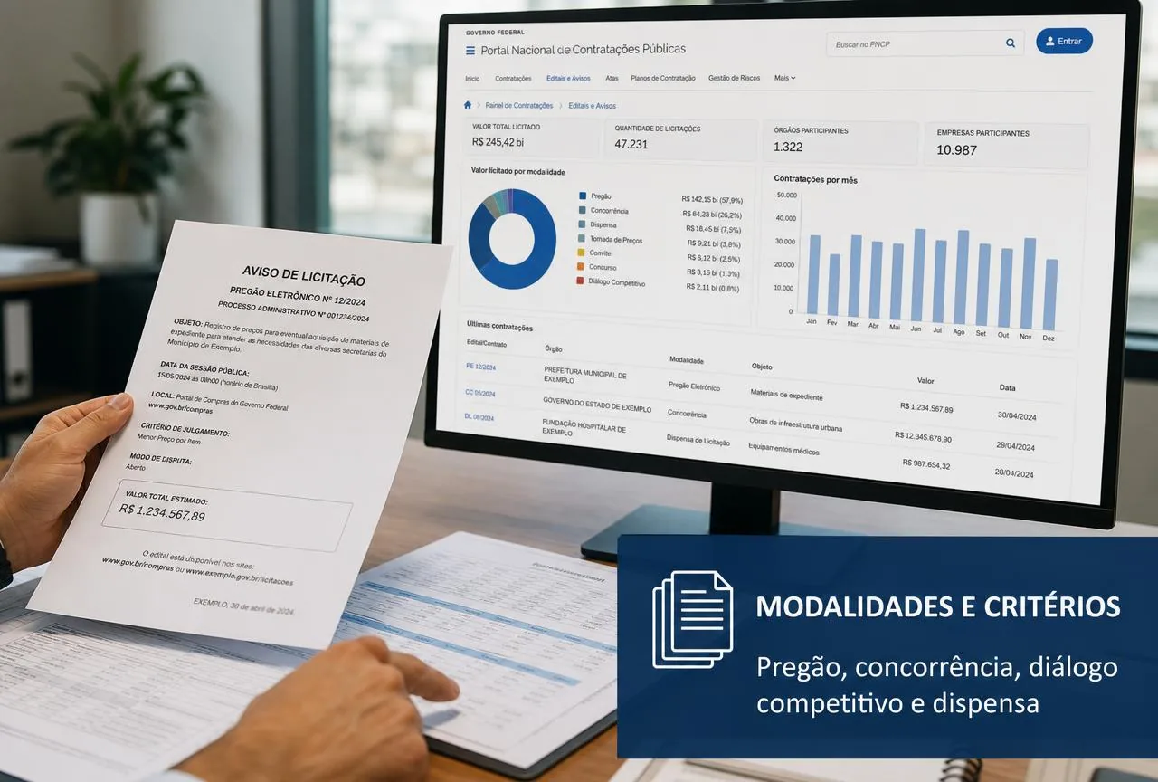 Editais e planilhas de contratação pública sobre uma mesa de trabalho ao lado de um computador exibindo o Portal Nacional de Contratações Públicas