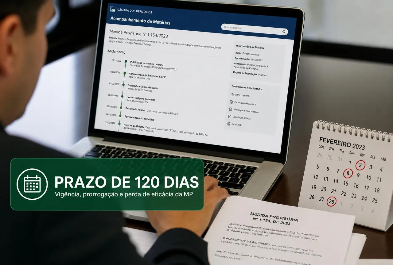 Profissional acompanha em um notebook a tramitação de uma medida provisória no sistema oficial da Câmara dos Deputados, ao lado de um calendário com prazos marcados
