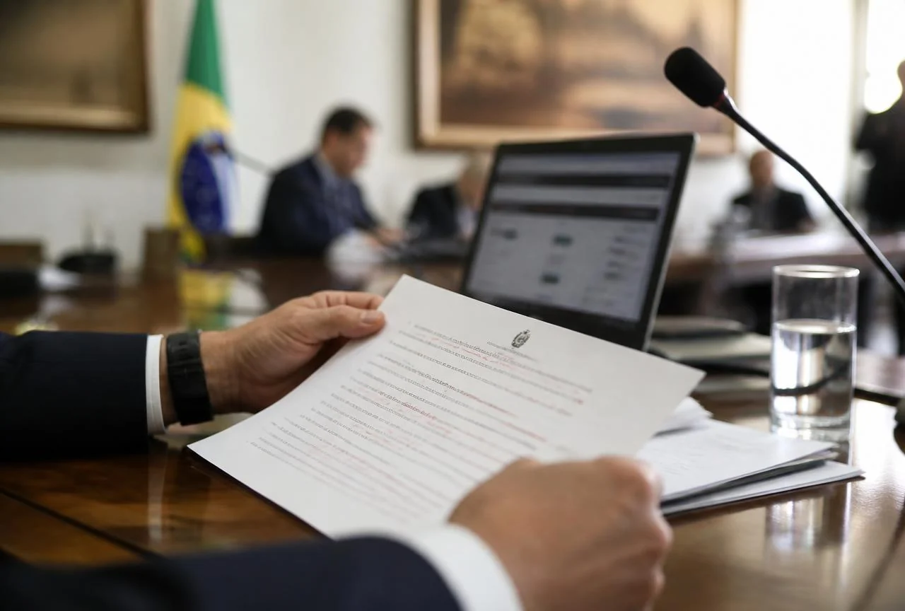Parlamentar analisa texto de projeto de lei com emendas marcadas em comissão do Congresso Nacional