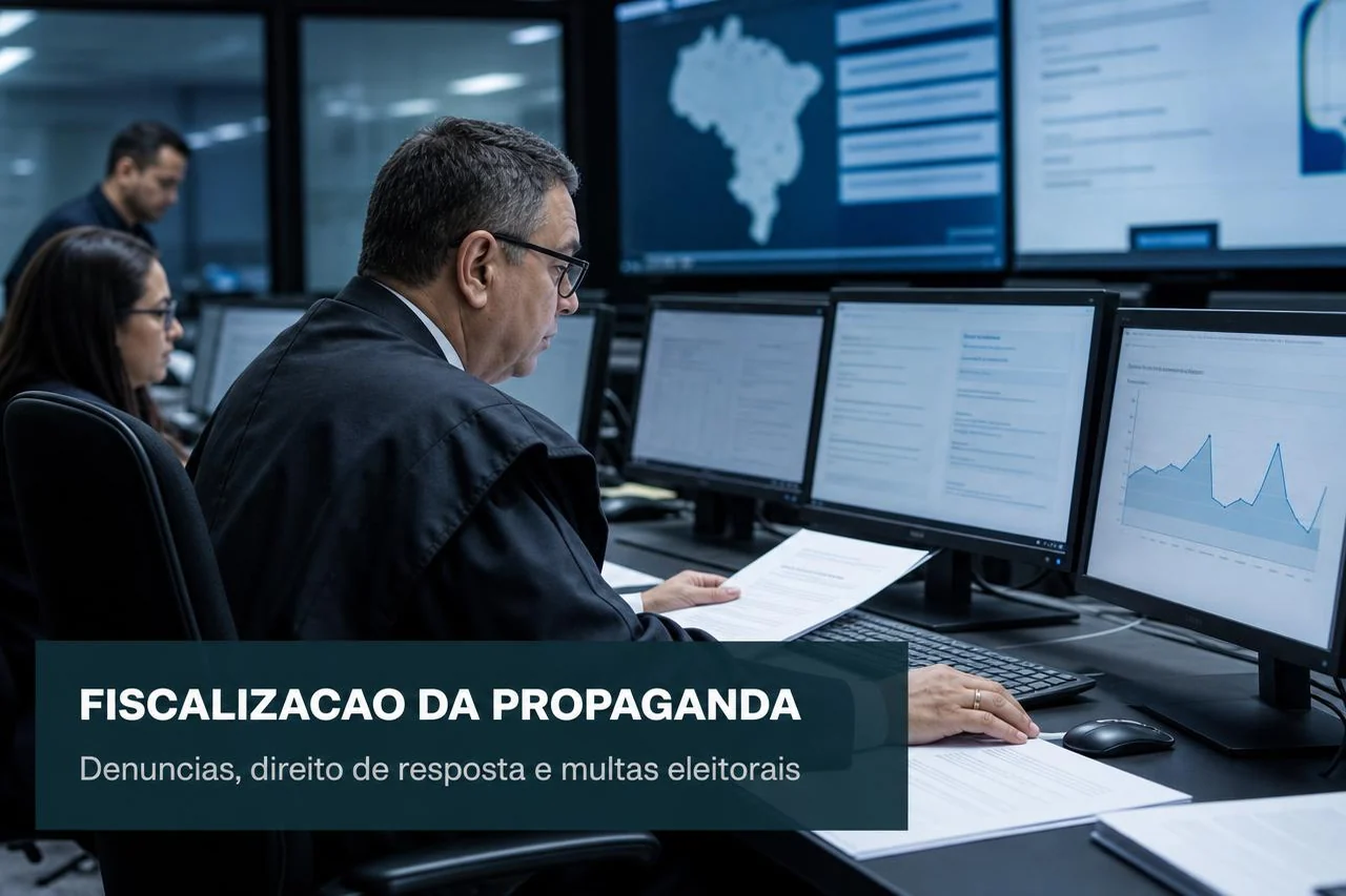 Servidores da Justiça Eleitoral analisando representações sobre propaganda eleitoral em painéis de monitoramento