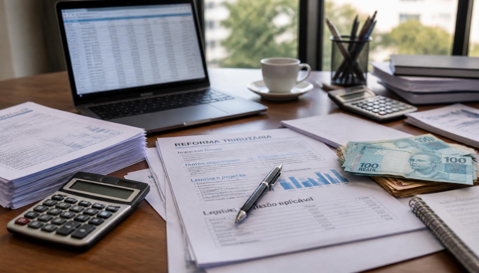 Mesa de escritório com relatórios impressos sobre reforma tributária, cédulas de 100 reais, calculadora e notebook exibindo planilha fiscal
