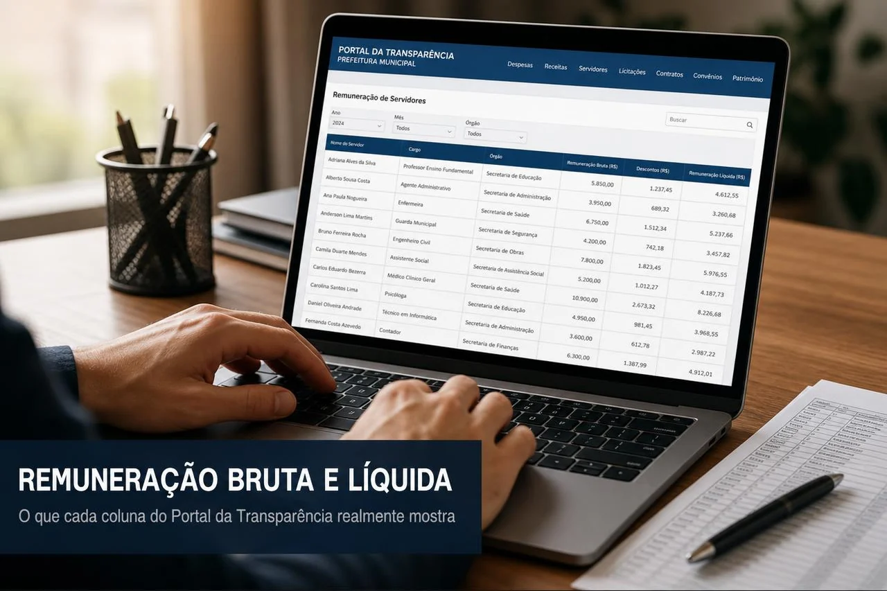 Consulta de remuneração de servidores públicos em painel do Portal da Transparência exibindo colunas de bruto, descontos e líquido