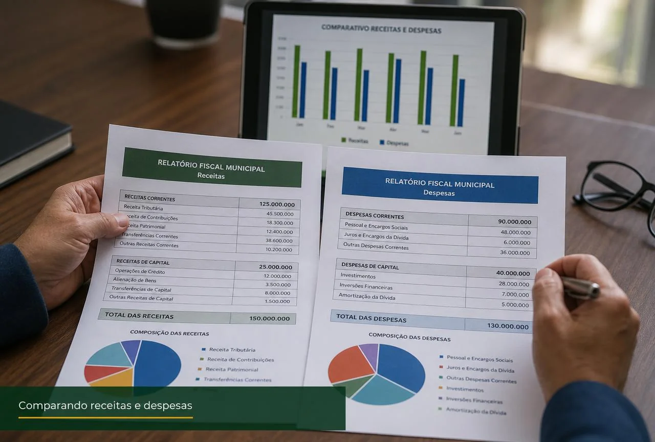 Mãos comparando dois relatórios fiscais municipais impressos ao lado de notebook com gráficos