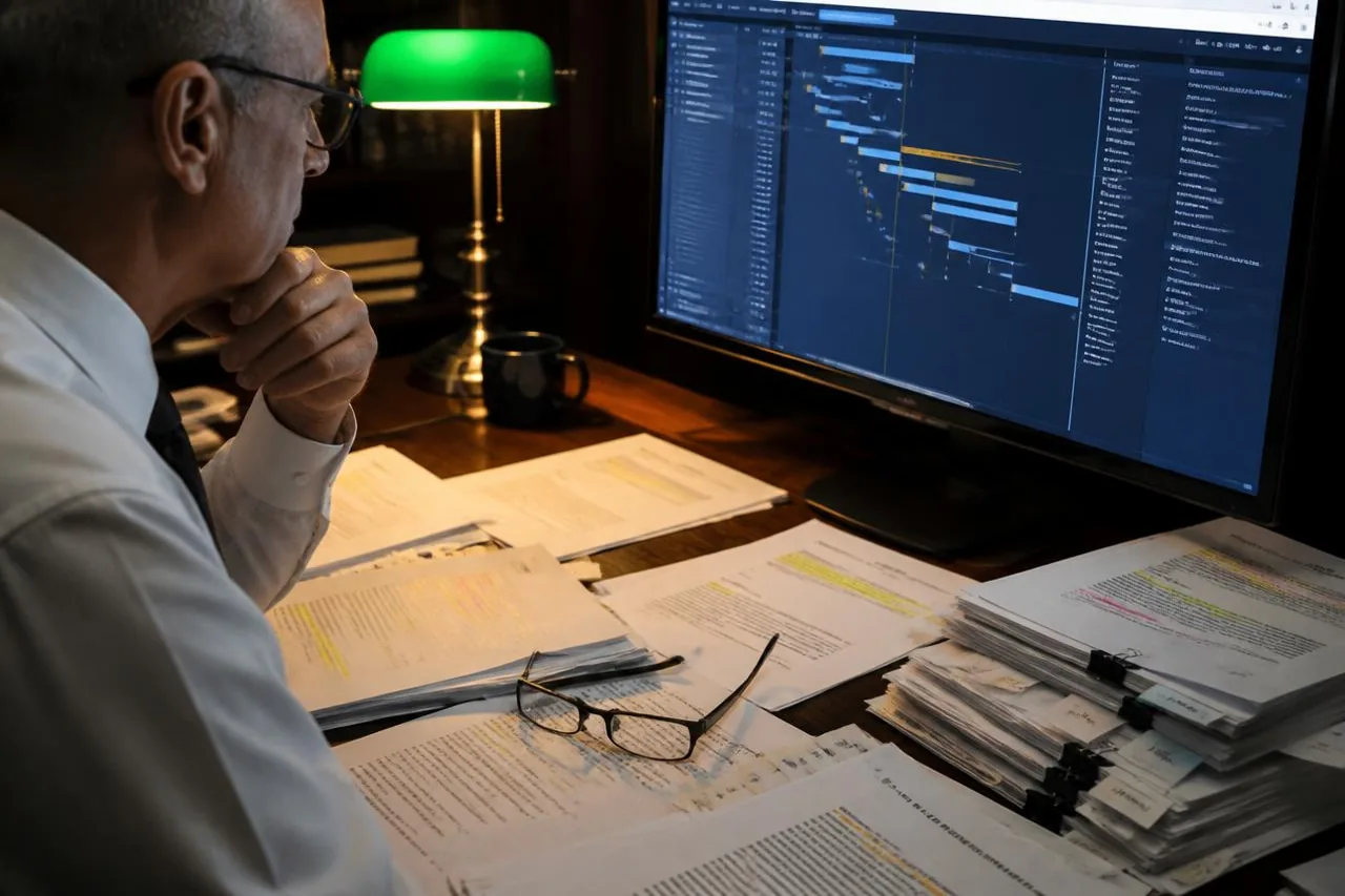 Pesquisador analisa em um monitor a linha do tempo de andamentos de um processo judicial, com documentos impressos e marcações em destaque sobre a mesa