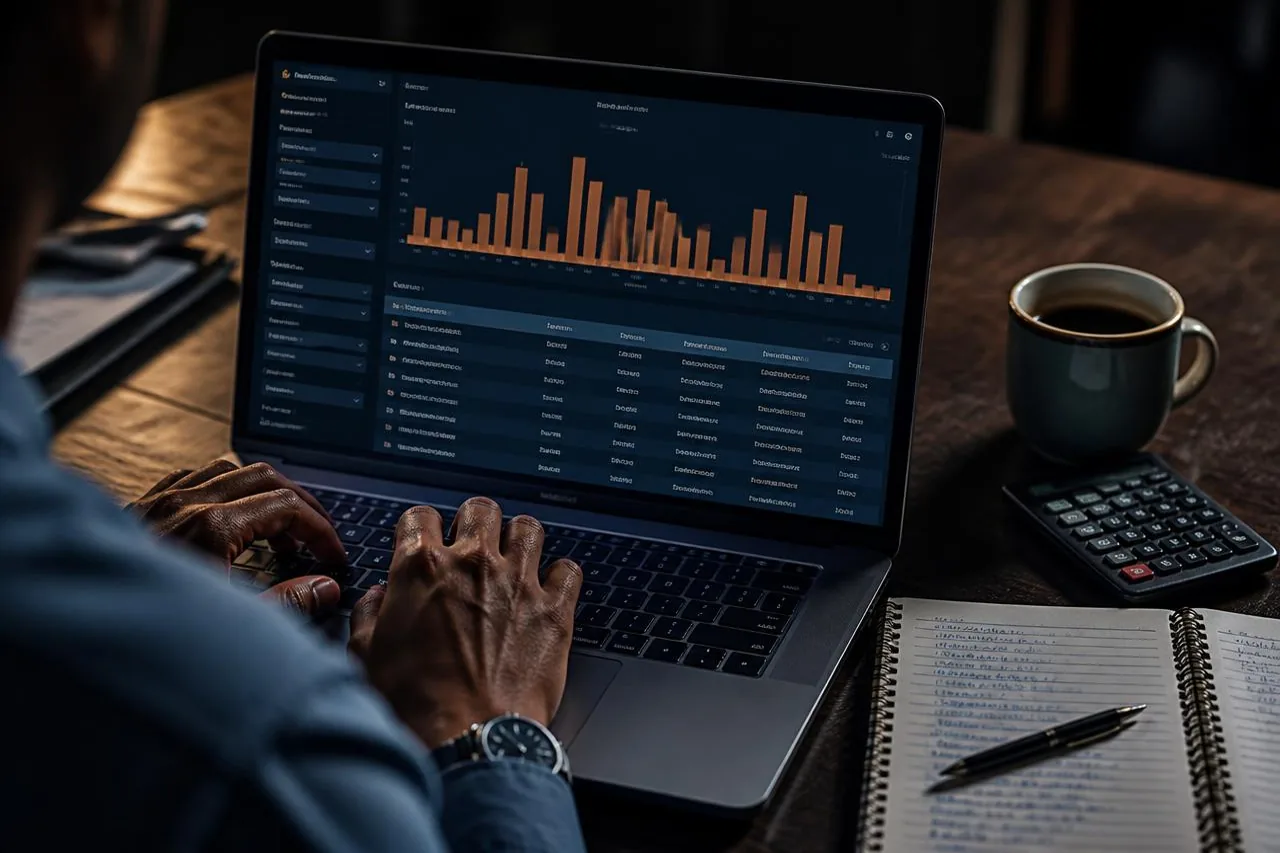Profissional consulta em um notebook um painel de transferências de recursos públicos com gráficos e tabela filtrável, ao lado de caderno com anotações e calculadora