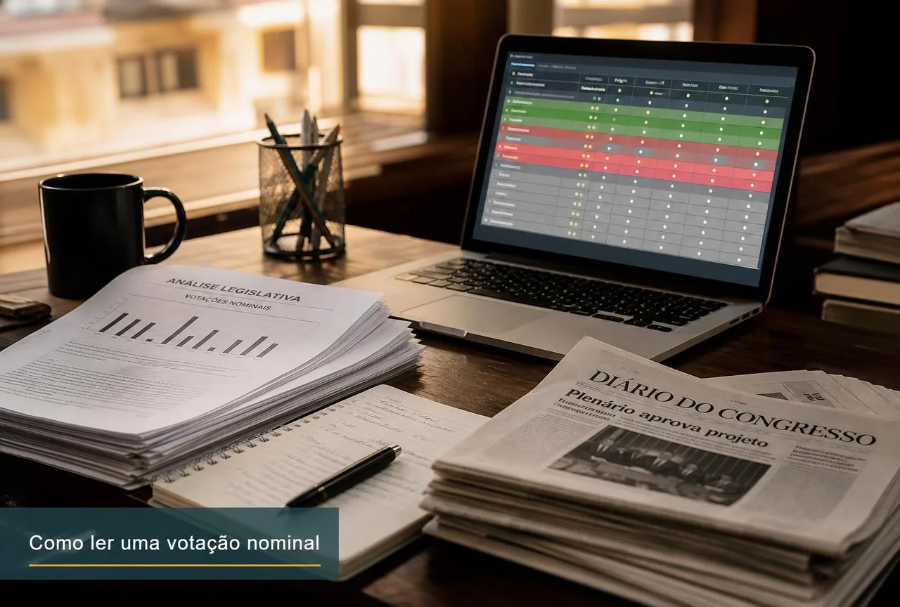 Mesa de trabalho com laptop exibindo uma tabela de votação nominal, relatórios impressos e jornal legislativo